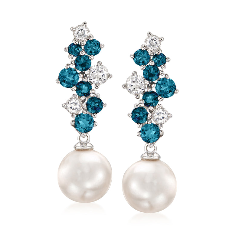 Sterling silver drop earrings with white cultured pearls and teal blue gemstone clusters