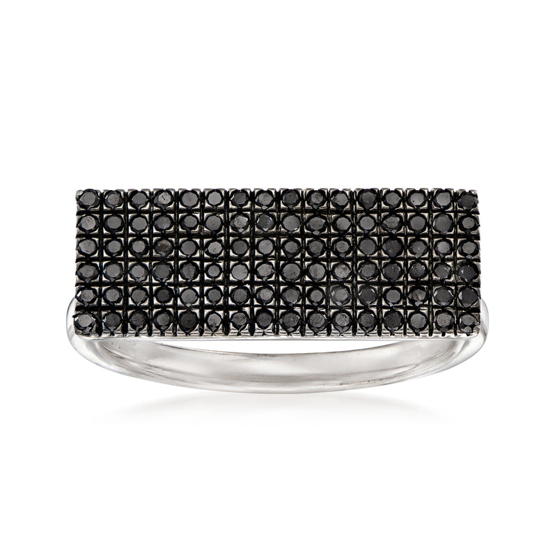 Sterling silver rectangular black diamond ring with rowed round black stones