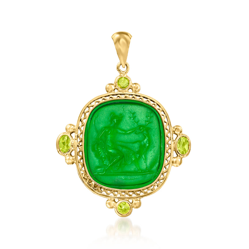 Green oval peridot-style pendant with ornate gold-tone bezel and small green gemstones