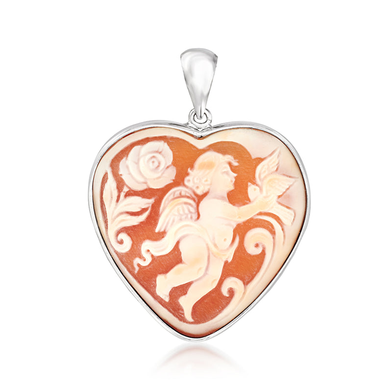 Sterling silver heart cameo pendant with orange angel figures and rose details