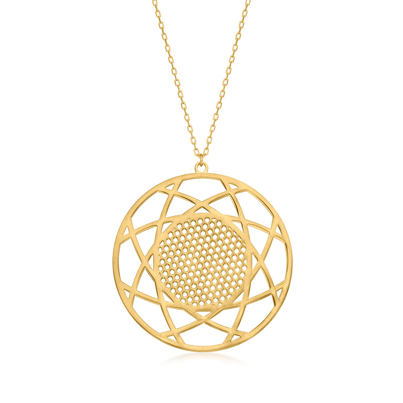 14kt yellow gold geometric medallion necklace with round star-pattern pendant