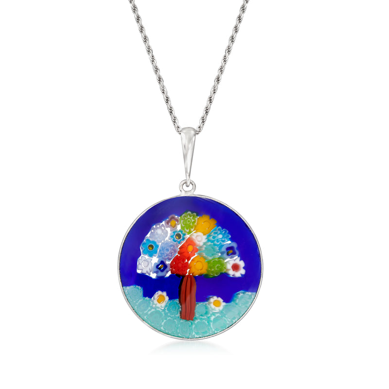 Sterling silver necklace with round multicolored Tree of Life floral Murano glass pendant