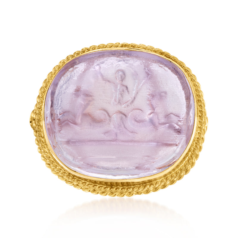 Oval purple Venetian glass ring with gold-tone braided bezel, intricate cameo-style relief