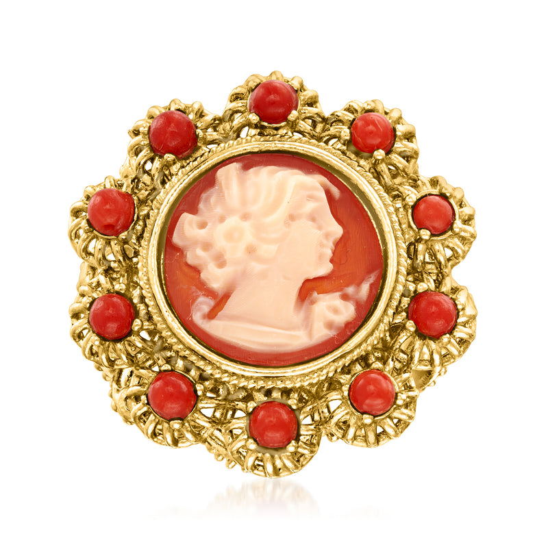 Ornate 18k gold over sterling cameo ring with oval shell portrait and red coral accents
