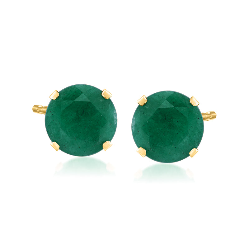 Round emerald stud earrings in 14kt yellow gold with 6-prong bezel, green gemstones