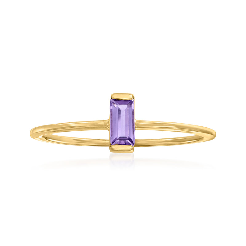 14kt yellow gold ring with rectangular amethyst gemstone bezel-set center