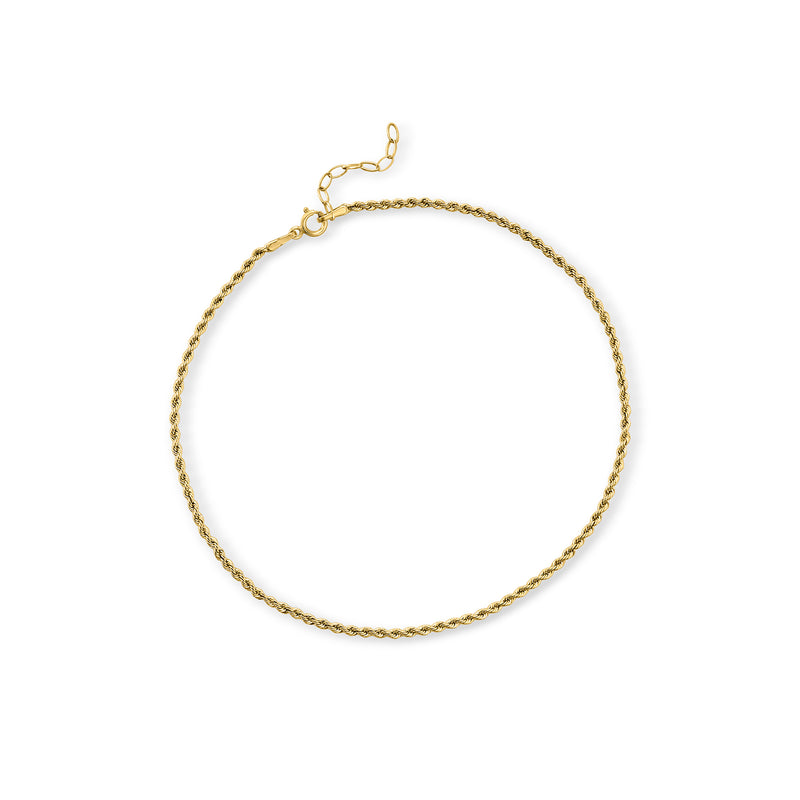 14kt yellow gold rope-chain anklet, round loop with small clasp at top