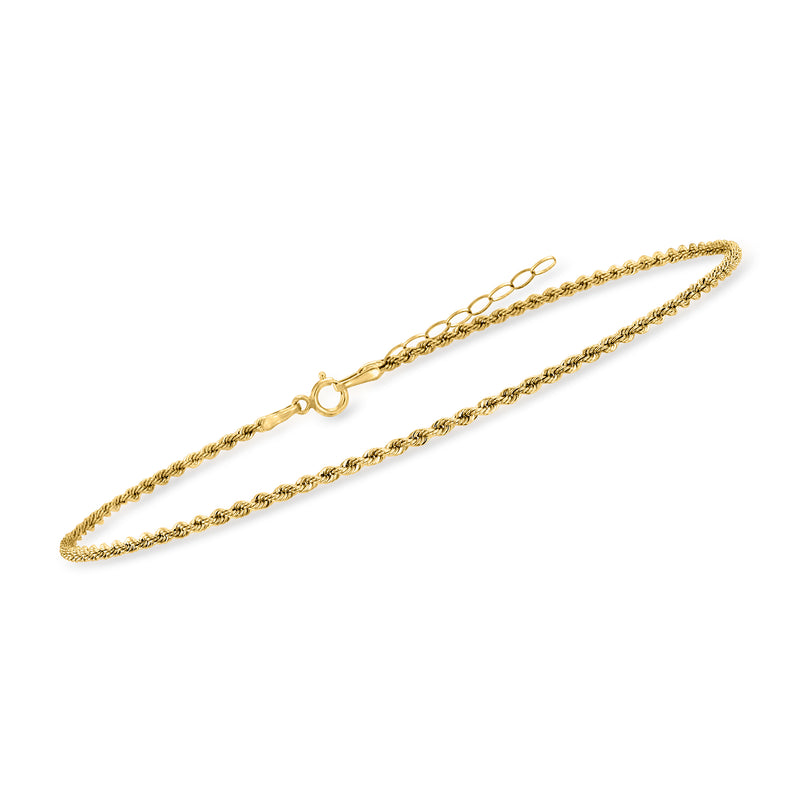 14kt yellow gold rope-chain anklet, angled view with round clasp ring