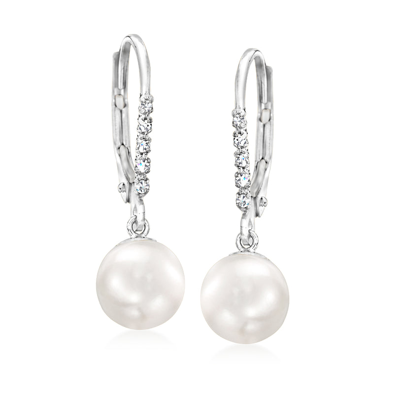 14kt white gold leverback drop earrings with round cultured pearl and diamond accents