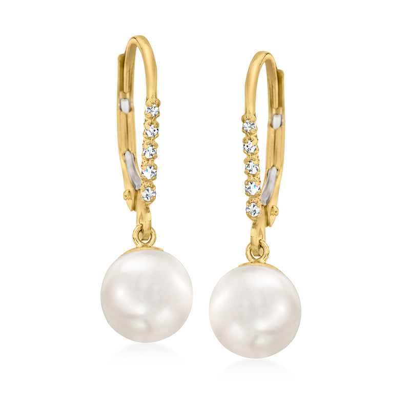 14kt yellow gold leverback earrings with large cultured pearl drops and diamond accents