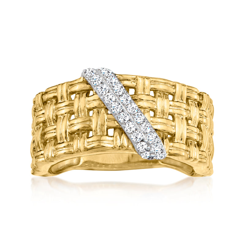 18kt gold over sterling diamond sash basketweave ring with pavé diagonal stripe