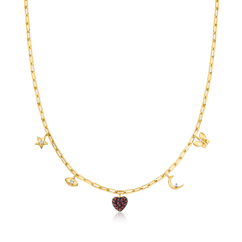Gold paper-clip link charm necklace with star, moon, and red heart accents