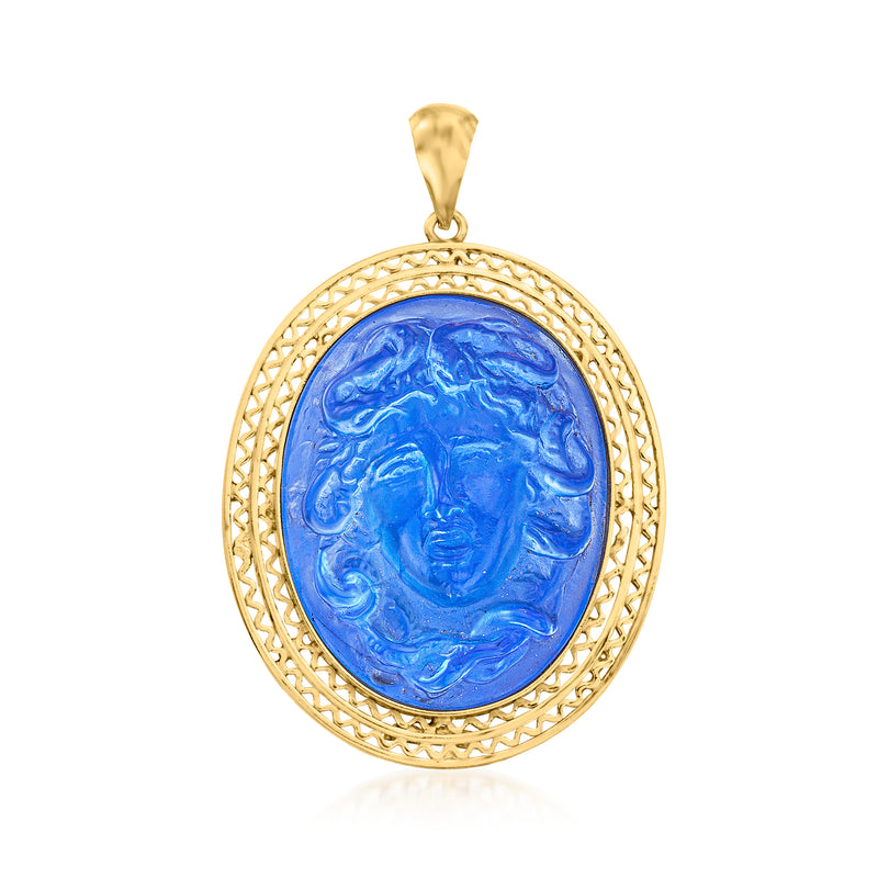 18kt gold over sterling oval pendant with blue Venetian glass Medusa relief