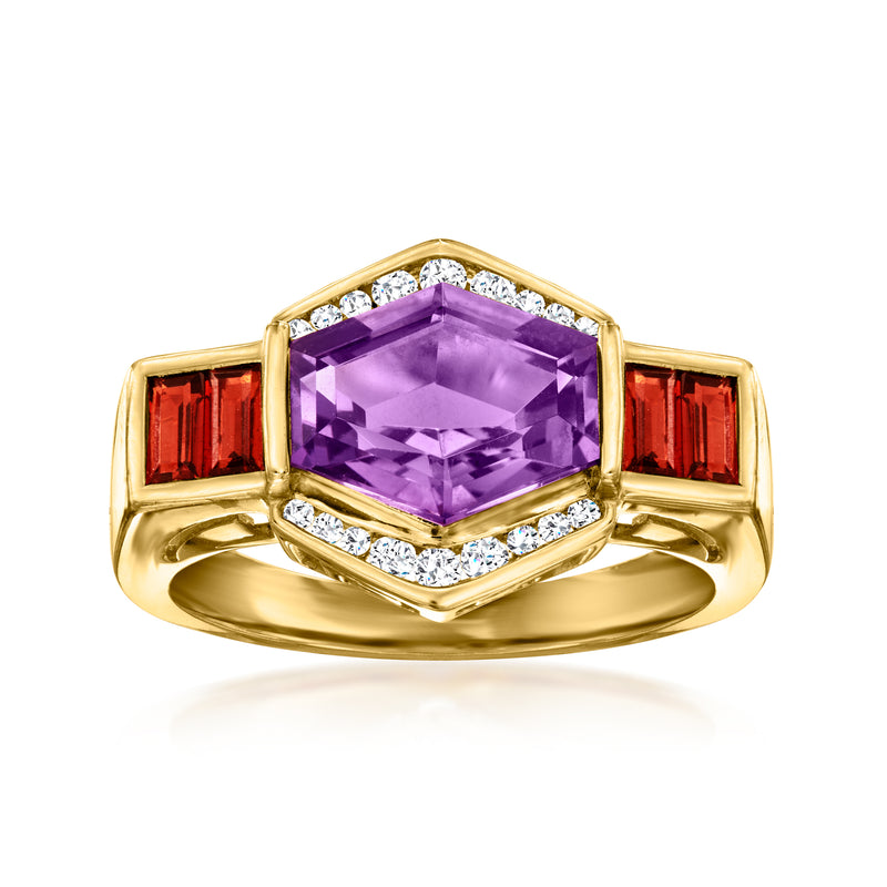 Gold over sterling ring with purple amethyst oval center, garnet side stones, white zircon halo