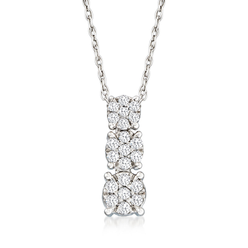 Graduated diamond cluster pendant necklace in sterling silver with three linked hoops