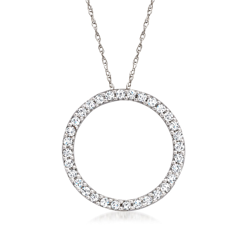14kt white gold diamond eternity circle pendant on chain, round halo with stones