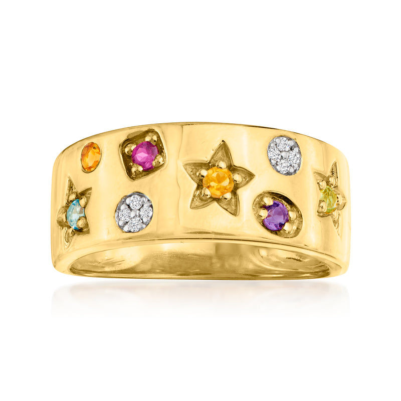 18kt gold over sterling ring with multi-colored gemstones and star-shaped accents