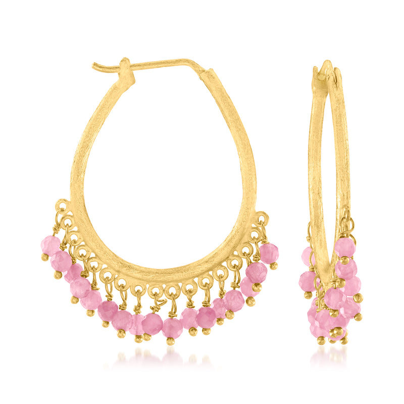 Gold hoop earrings with pink bead fringe and dangling clusters