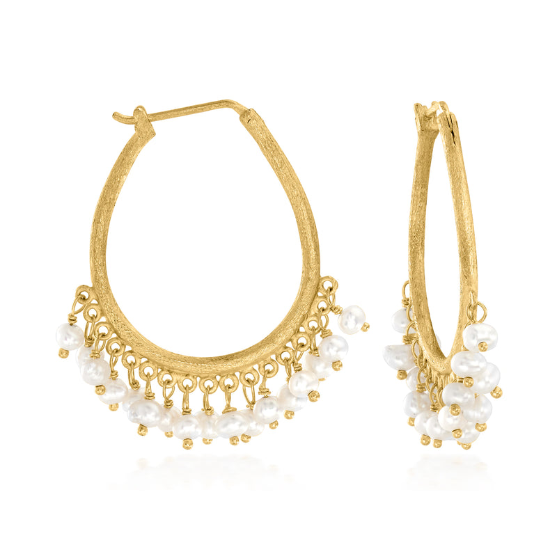 Gold over sterling hoop earrings with cultured pearls and dangling pearl clusters