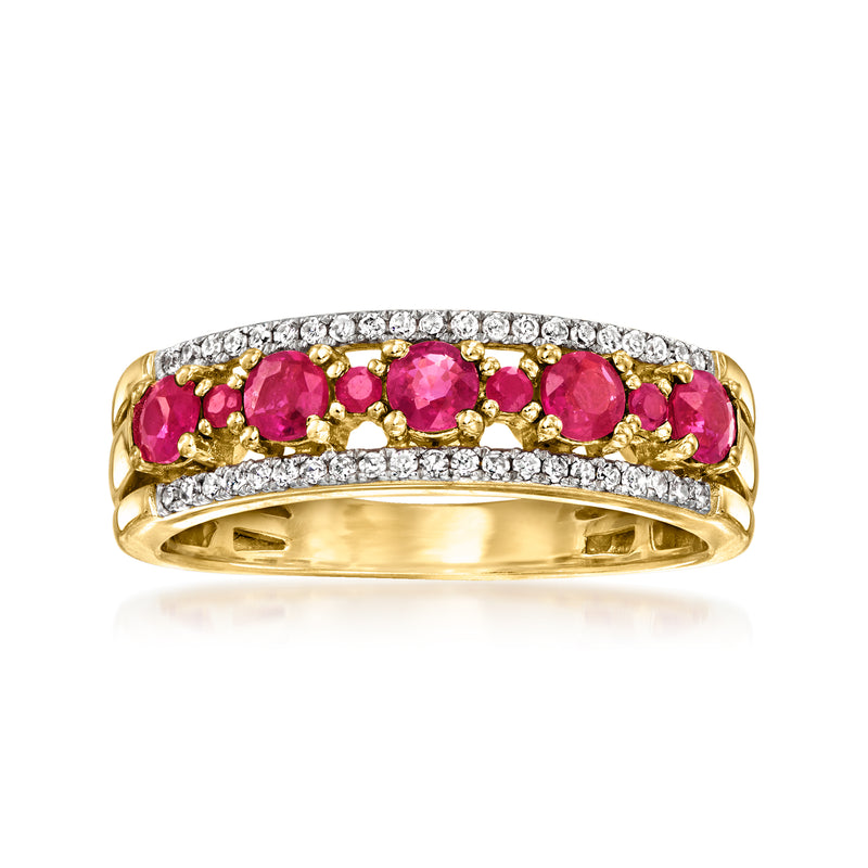 18k gold over sterling ring with pink ruby oval stones and round diamond accents