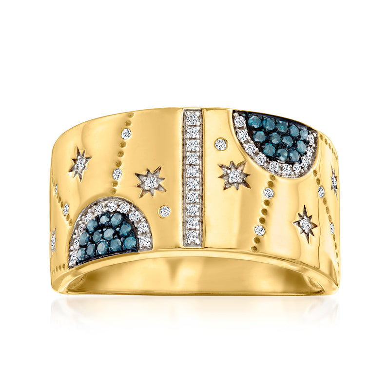 Gold celestial diamond ring with blue oval cluster and star motifs, white stones