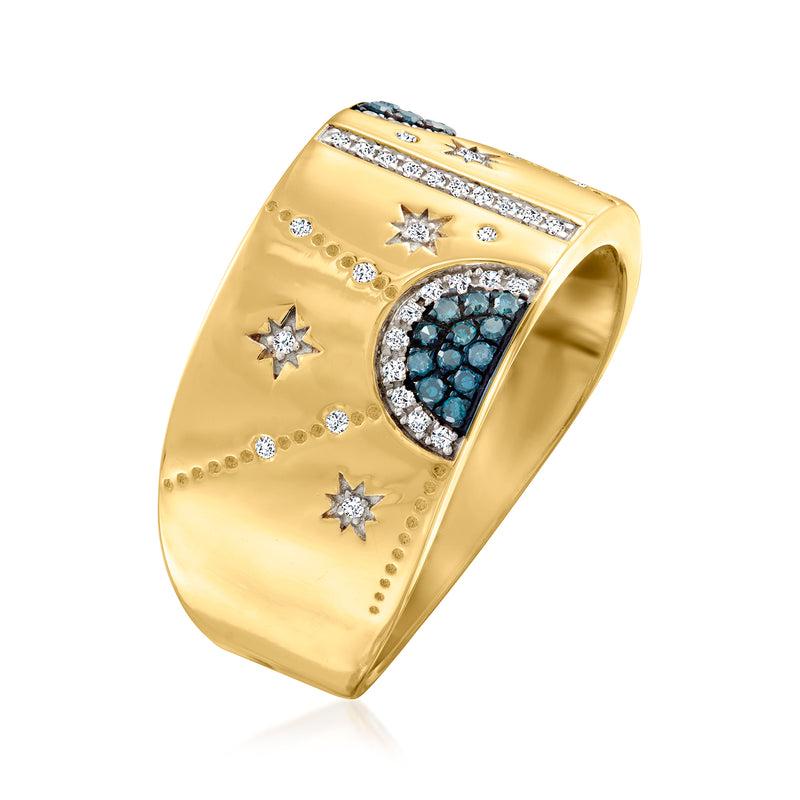Gold celestial diamond ring with blue cluster in oval setting and sparkling star details