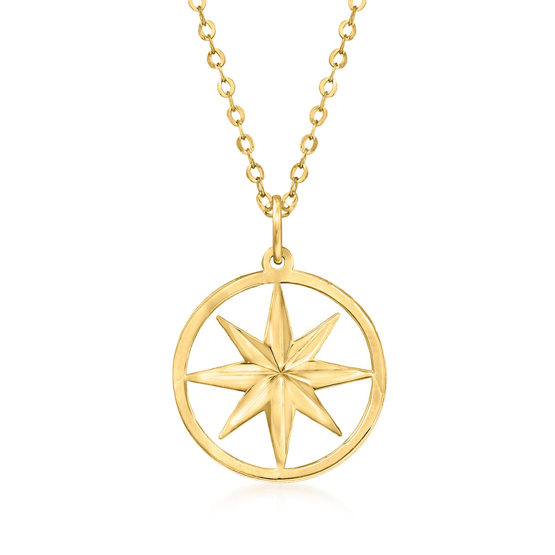 14kt yellow gold North Star pendant necklace with round sunburst charm