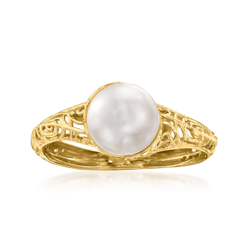 14kt yellow gold lace ring with round cultured pearl center