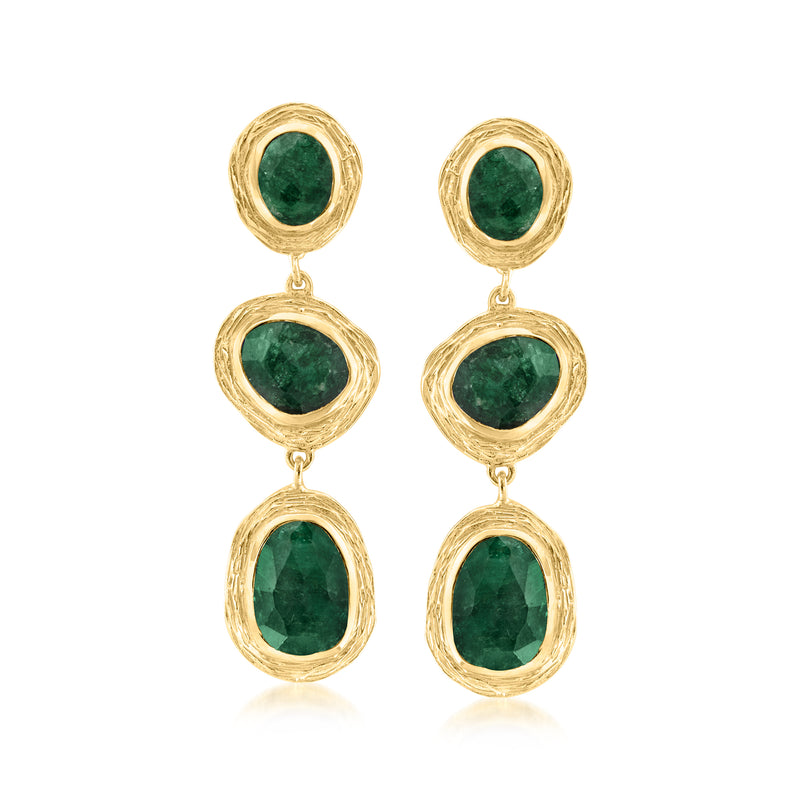 Gold drop earrings with three oval green gemstone stations on a linked chain