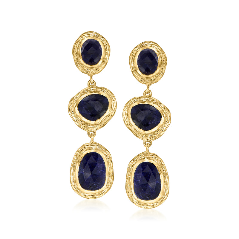 Gold drop earrings with three oval deep-blue sapphire stones in textured bezels