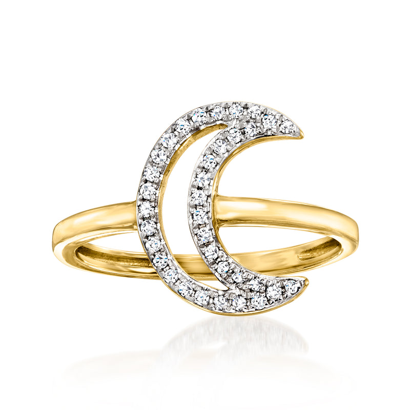 Gold moon ring with diamond-like pave accents on a curved crescent setting