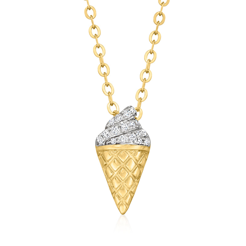 Ice cream cone pendant necklace with gold-tone cone and sparkling silver diamond top