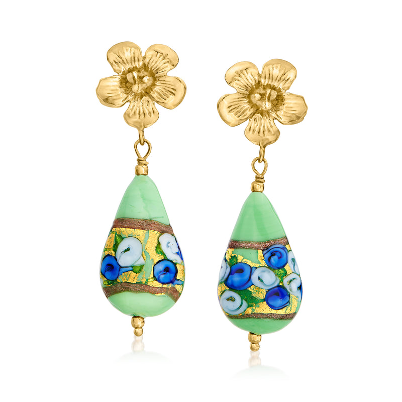 Gold flower drop earrings with multicolored Murano glass teardrop dangles