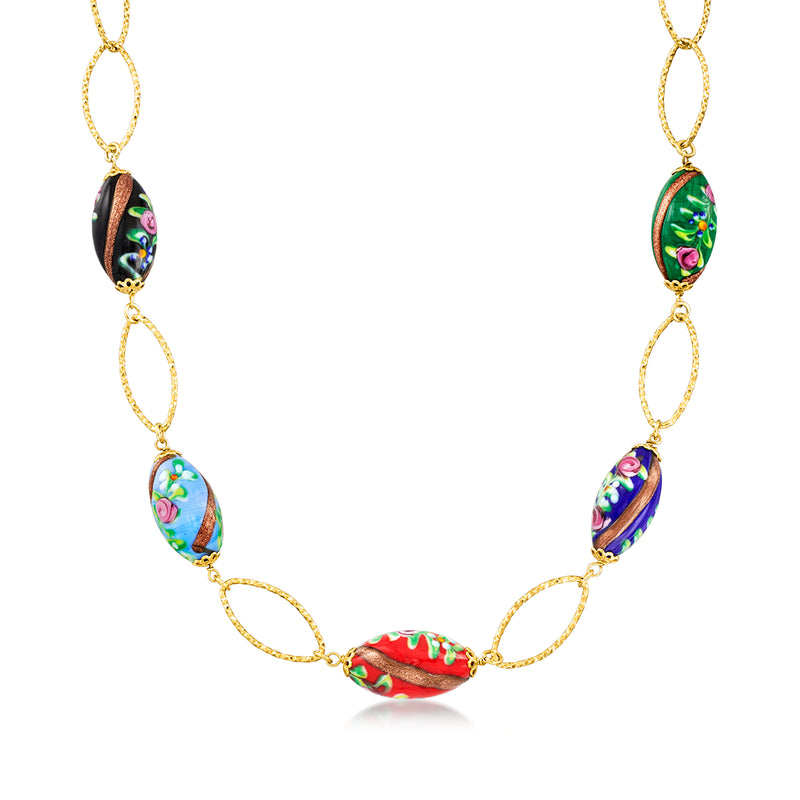 Multicolored Murano glass bead necklace with gold-tone chain and oval colorful beads