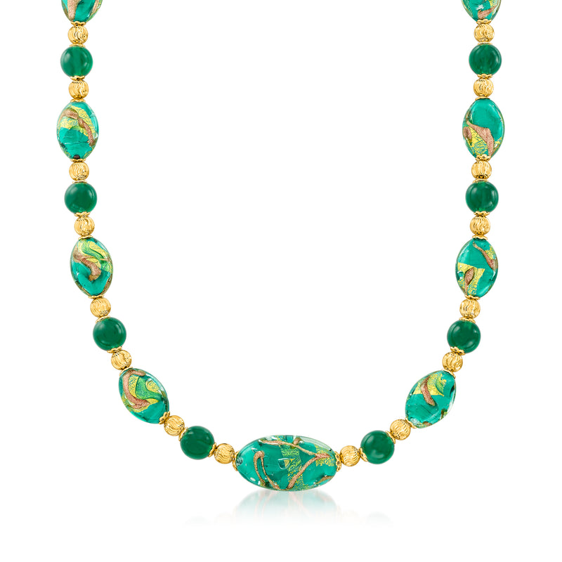 Multicolored Murano glass bead necklace with green oval beads and 18kt gold over sterling links