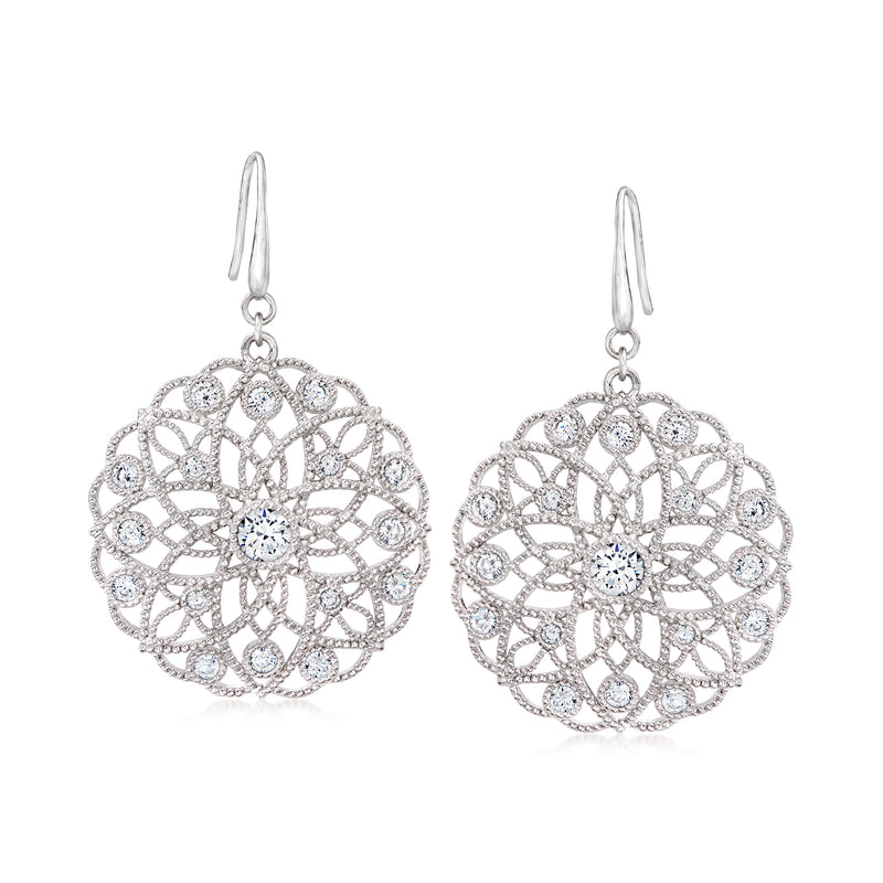Sterling silver CZ floral drop earrings with round filigree and hook earwire, clear stones