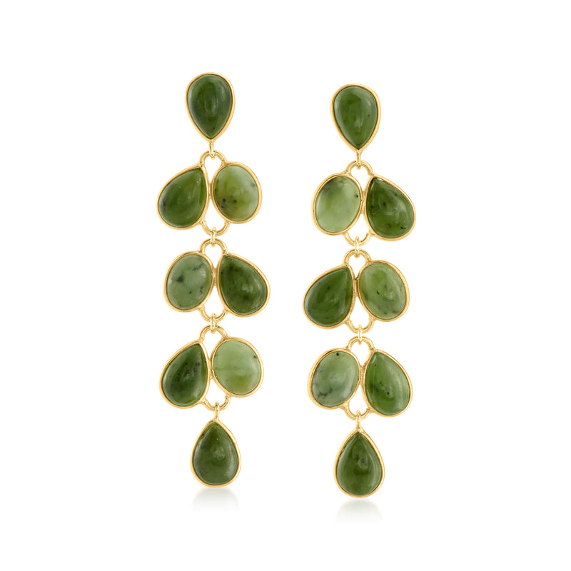 Gold over sterling drop earrings with green teardrop nephrite cluster drops