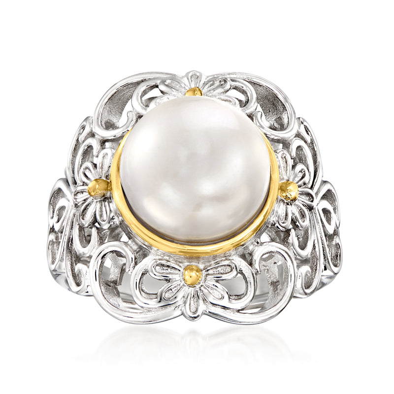 Sterling silver flower ring with round cultured pearl and 14kt yellow gold accents