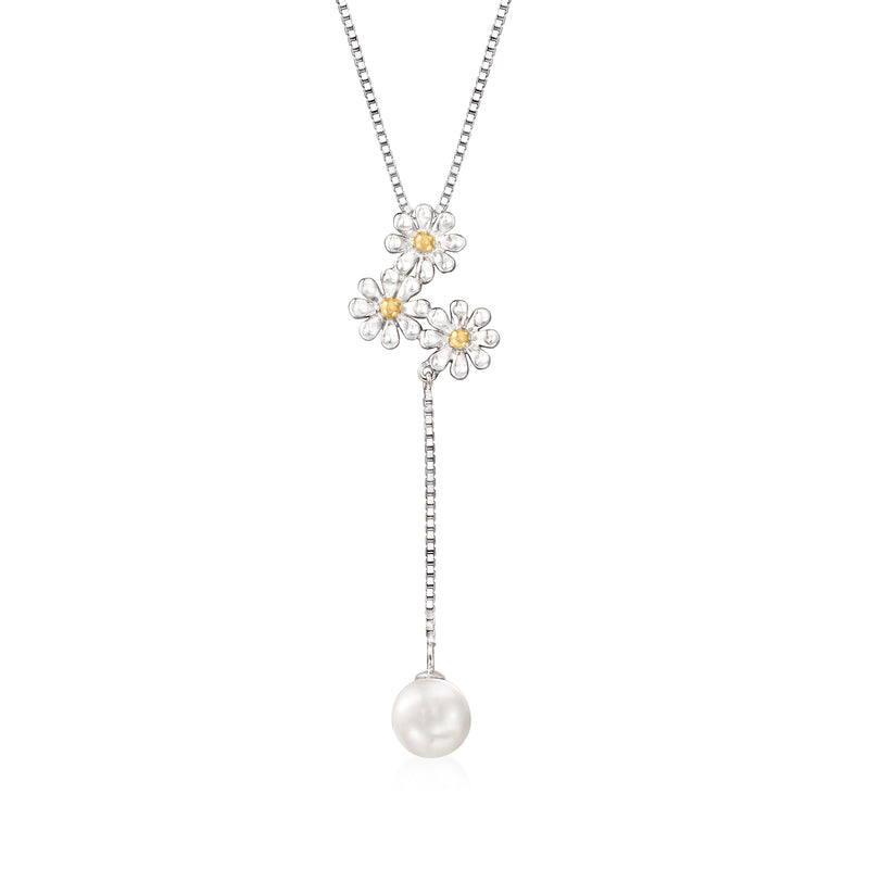 Sterling silver Y-necklace with flower pearl pendant, 14kt yellow gold accents and drop pearl