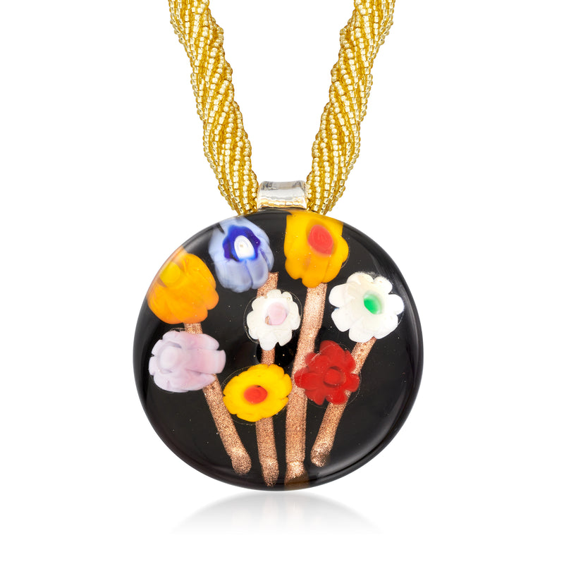 Floral Murano glass pendant necklace with round black multicolor flower pendant and gold bead chain