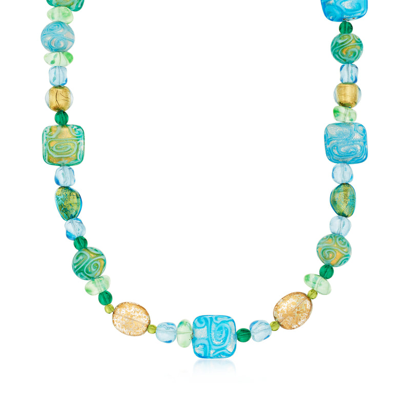 Murano glass bead necklace with blue and green patterned beads and gold-toned accents