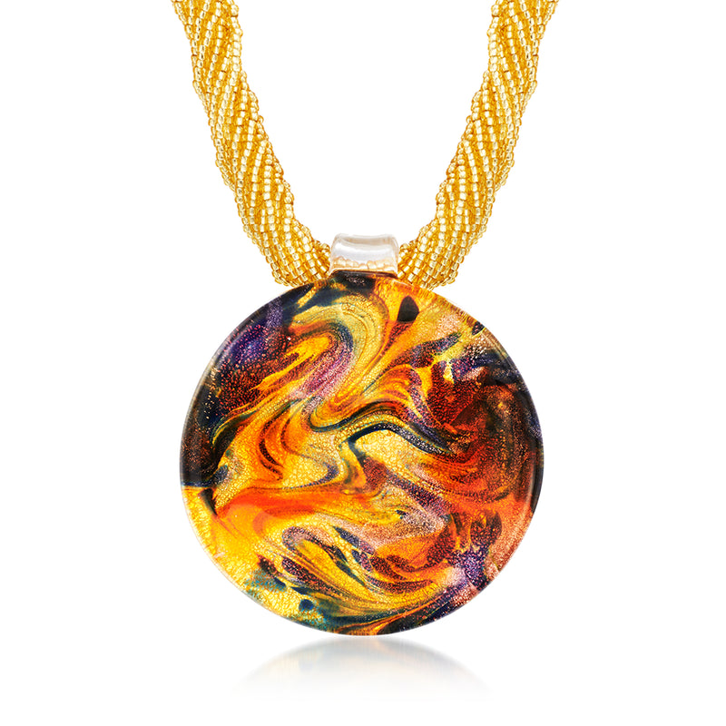 Multicolored Murano glass pendant necklace with round amber blue gold swirl, gold-tone beads