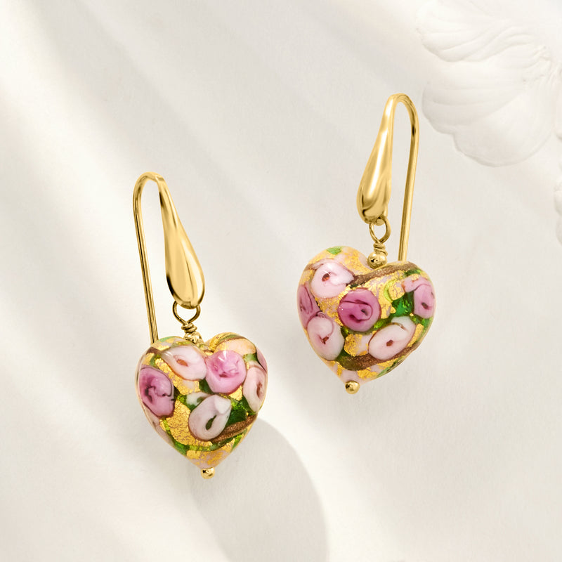 Pair of multicolored Murano glass heart drop earrings with gold earwire