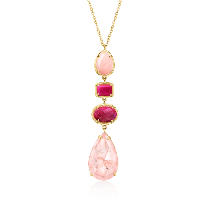 Gold-tone necklace with pink gemstone teardrop, oval, and square drop pendant