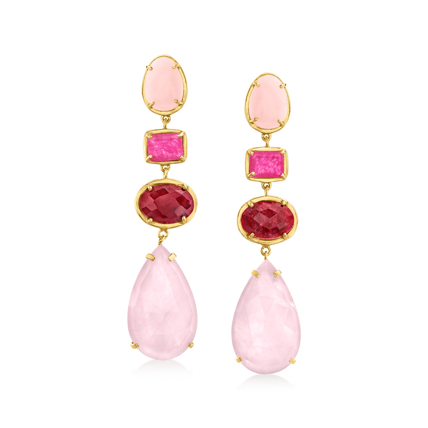 Pink Opal, 49.80 ct. t.w. Multicolored Quartz and 14.00 ct. t.w. Ruby Drop Earrings in 18kt Gold Over Sterling