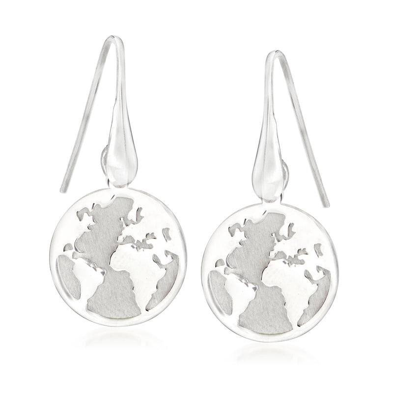 Sterling silver world map drop earrings with round globe design and hook earwires