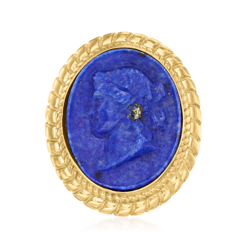 Oval lapis lazuli cabochon ring with carved texture, 18kt gold over sterling band