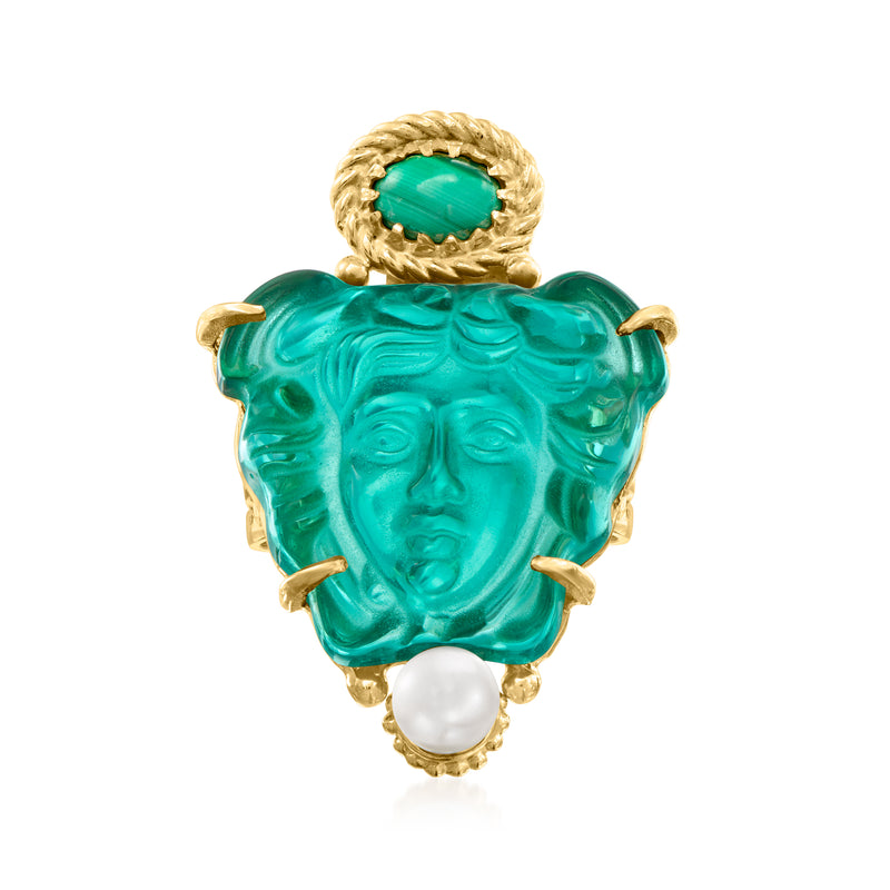 Green glass Medusa head ring with gold bezel and teardrop pearl detail