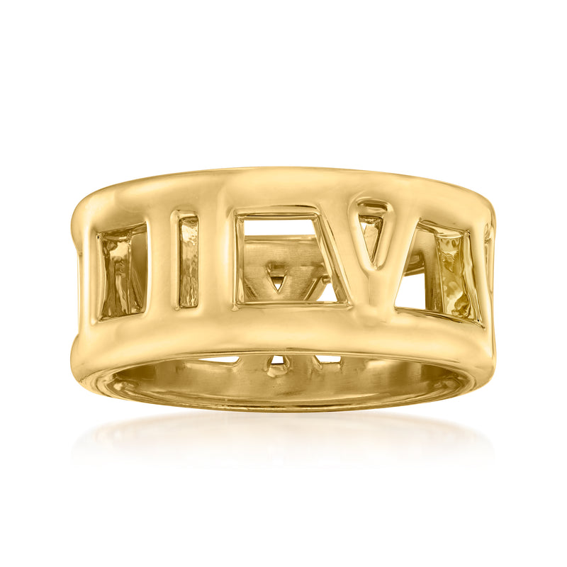 Yellow gold tone roman numeral ring with raised letter cutouts