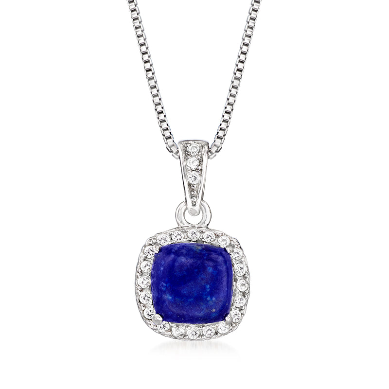 Sterling silver lapis pendant necklace with cushion-cut lapis and white topaz halo